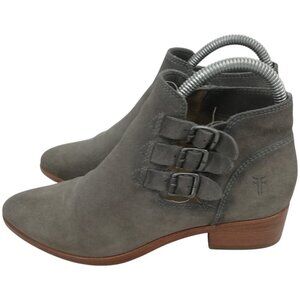 Frye Ray Belted Bootie Suede Ankle Boots Size 6.5 Gray Buckle Harness Western